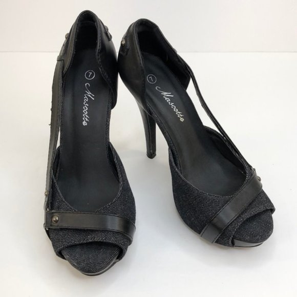 mascotte Shoes - Mascotte Black Denim Peep Toe Heels, Size 7